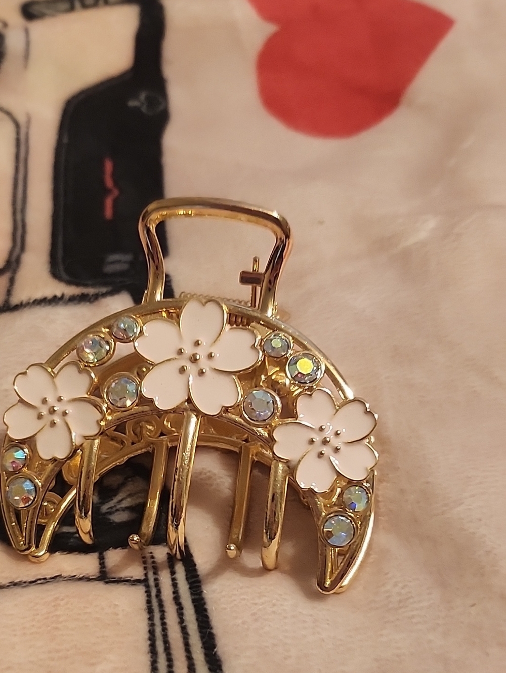 Gold Floral Rhinestone Hair Claw with Light Pink Enamel Cherry Blossoms